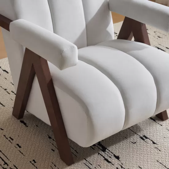Mid Century Modern Accent Chair with Solid Wood Frame, Upholstered Living Room Chairs with Thick Cushion, Comfy Tufted Arm Chair for Bedroom, Living Room, Velvet, Ivory Mid Century Modern Accent Chair with Solid Wood Frame, Upholstered Living Room Chairs with Thick Cushion, Comfy Tufted Arm Chair for Bedroom, Living Room, Velvet, Ivory