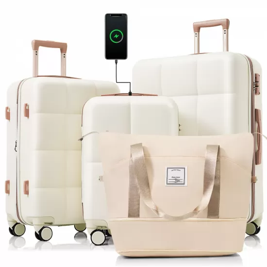 Luggage Sets 4 Piece, 20-inch with USB Port, Expandable ABS Durable Suitcase with Travel Bag, Cup Holder, ABS Hard Shell Luggage with Spinner Wheels, beige Luggage Sets 4 Piece, 20-inch with USB Port, Expandable ABS Durable Suitcase with Travel Bag, Cup Holder, ABS Hard Shell Luggage with Spinner Wheels, beige