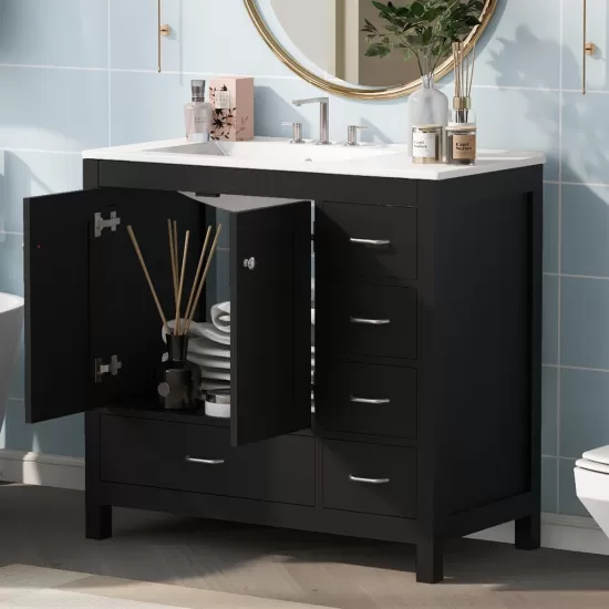 36 Inch Black Bathroom Vanity with Ceramic Sink Combo, Abundant Storage Cabinet -2 Soft close doors and 5 drawers 36 Inch Black Bathroom Vanity with Ceramic Sink Combo, Abundant Storage Cabinet -2 Soft close doors and 5 drawers