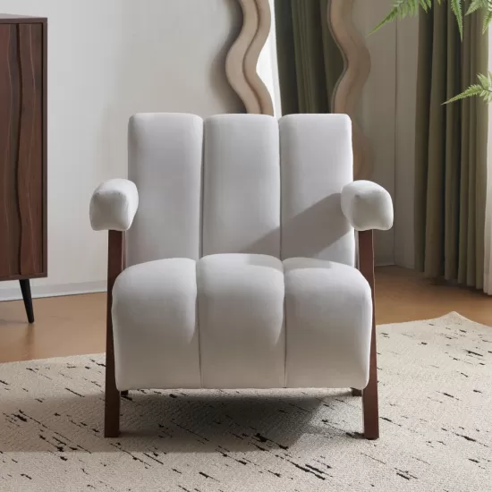 Mid Century Modern Accent Chair with Solid Wood Frame, Upholstered Living Room Chairs with Thick Cushion, Comfy Tufted Arm Chair for Bedroom, Living Room, Velvet, Ivory Mid Century Modern Accent Chair with Solid Wood Frame, Upholstered Living Room Chairs with Thick Cushion, Comfy Tufted Arm Chair for Bedroom, Living Room, Velvet, Ivory