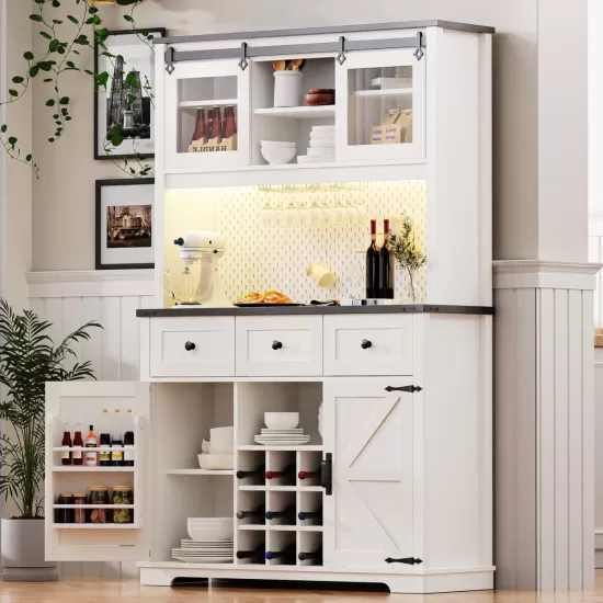 K&K 71 Inch Farmhosue Pantry Bar Cabinet with Internal Storage Rack,Kitchen Cabinet with Hutch,Sliding Door,Power Outlet,Pegboard,Wine & Glasses Rack,3 Drawers,Rustic Coffee Bar Storage Cabinet,White Oak K&K 71 Inch Farmhosue Pantry Bar Cabinet with Internal Storage Rack,Kitchen Cabinet with Hutch,Sliding Door,Power Outlet,Pegboard,Wine & Glasses Rack,3 Drawers,Rustic Coffee Bar Storage Cabinet,White Oak