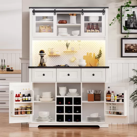 K&K 71 Inch Farmhosue Pantry Bar Cabinet with Internal Storage Rack,Kitchen Cabinet with Hutch,Sliding Door,Power Outlet,Pegboard,Wine & Glasses Rack,3 Drawers,Rustic Coffee Bar Storage Cabinet,White Oak K&K 71 Inch Farmhosue Pantry Bar Cabinet with Internal Storage Rack,Kitchen Cabinet with Hutch,Sliding Door,Power Outlet,Pegboard,Wine & Glasses Rack,3 Drawers,Rustic Coffee Bar Storage Cabinet,White Oak