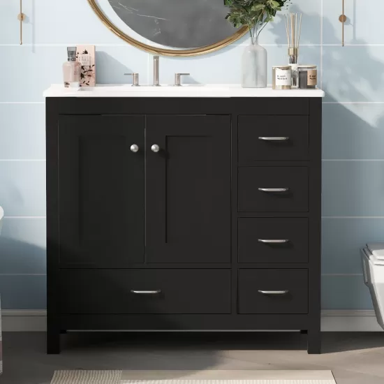 36 Inch Black Bathroom Vanity with Ceramic Sink Combo, Abundant Storage Cabinet -2 Soft close doors and 5 drawers 36 Inch Black Bathroom Vanity with Ceramic Sink Combo, Abundant Storage Cabinet -2 Soft close doors and 5 drawers