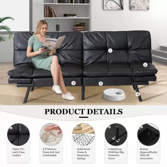 Futon Sofa Bed with Adjustable Backrests Sleeper Couch with Adjustable Armrests Convertible Sofa Couch Bed for Small Space Apartment Living Room Black Futon Sofa Bed with Adjustable Backrests Sleeper Couch with Adjustable Armrests Convertible Sofa Couch Bed for Small Space Apartment Living Room Black