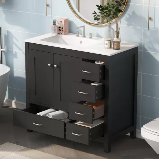 36 Inch Black Bathroom Vanity with Ceramic Sink Combo, Abundant Storage Cabinet -2 Soft close doors and 5 drawers 36 Inch Black Bathroom Vanity with Ceramic Sink Combo, Abundant Storage Cabinet -2 Soft close doors and 5 drawers