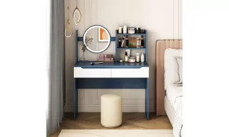   

Stylish Blue Table Set with HD Mirror, Cushion Stool & Large Drawers – Perfect Makeup Dressing Desk for Apartment