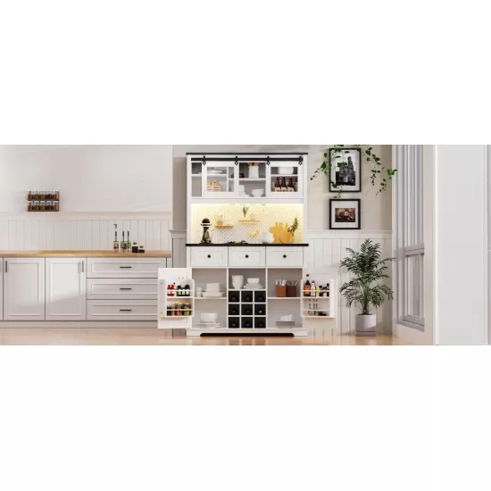 K&K 71 Inch Farmhosue Pantry Bar Cabinet with Internal Storage Rack,Kitchen Cabinet with Hutch,Sliding Door,Power Outlet,Pegboard,Wine & Glasses Rack,3 Drawers,Rustic Coffee Bar Storage Cabinet,White Oak K&K 71 Inch Farmhosue Pantry Bar Cabinet with Internal Storage Rack,Kitchen Cabinet with Hutch,Sliding Door,Power Outlet,Pegboard,Wine & Glasses Rack,3 Drawers,Rustic Coffee Bar Storage Cabinet,White Oak