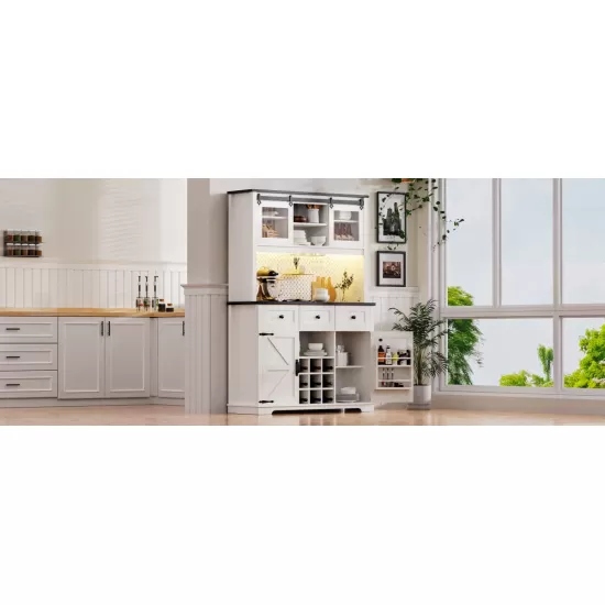 K&K 71 Inch Farmhosue Pantry Bar Cabinet with Internal Storage Rack,Kitchen Cabinet with Hutch,Sliding Door,Power Outlet,Pegboard,Wine & Glasses Rack,3 Drawers,Rustic Coffee Bar Storage Cabinet,White Oak K&K 71 Inch Farmhosue Pantry Bar Cabinet with Internal Storage Rack,Kitchen Cabinet with Hutch,Sliding Door,Power Outlet,Pegboard,Wine & Glasses Rack,3 Drawers,Rustic Coffee Bar Storage Cabinet,White Oak