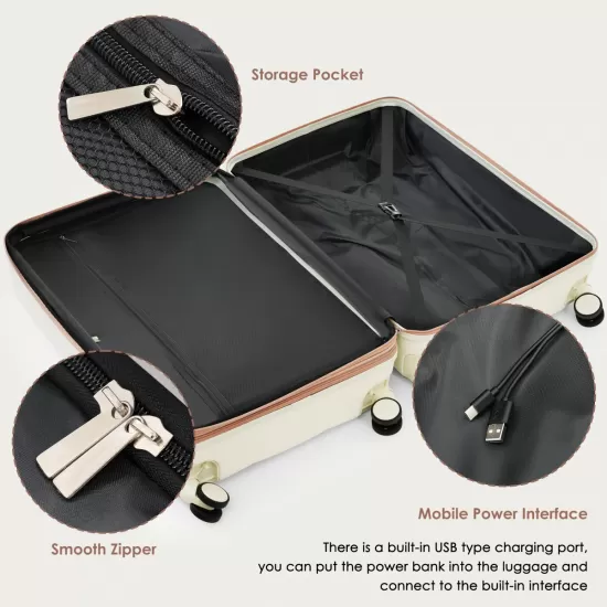 Luggage Sets 4 Piece, 20-inch with USB Port, Expandable ABS Durable Suitcase with Travel Bag, Cup Holder, ABS Hard Shell Luggage with Spinner Wheels, beige Luggage Sets 4 Piece, 20-inch with USB Port, Expandable ABS Durable Suitcase with Travel Bag, Cup Holder, ABS Hard Shell Luggage with Spinner Wheels, beige