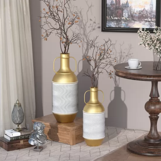 Floor Metal Vase Decorative Vintage Gold/White Metal Vase Set of 2 Rustic Distressed Finish Large Glazed Metal Vase for Home Decor Floor Metal Vase Decorative Vintage Gold/White Metal Vase Set of 2 Rustic Distressed Finish Large Glazed Metal Vase for Home Decor