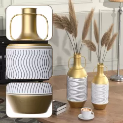 Floor Metal Vase Decorative Vintage Gold/White Metal Vase Set of 2 Rustic Distressed Finish Large Glazed Metal Vase for Home Decor