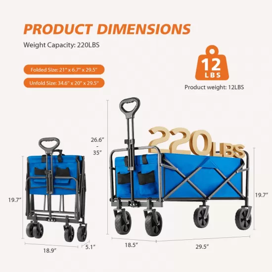 Folding Wagon Cart with Wheels, Foldable Grocery Cart,small,blue Folding Wagon Cart with Wheels, Foldable Grocery Cart,small,blue