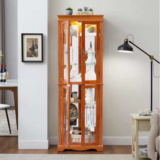 Lighted Glass Curio Display Cabinet,Display Cabinet,Glass Storage Cabinet Glass Wine cabinet Wood Frame Toy Display for Living Room, Kitchen, Pantry light bulb included OAK Lighted Glass Curio Display Cabinet,Display Cabinet,Glass Storage Cabinet Glass Wine cabinet Wood Frame Toy Display for Living Room, Kitchen, Pantry light bulb included OAK
