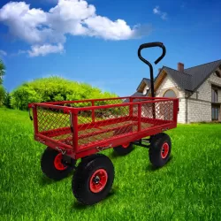 3 cu. ft. 300 lbs. Capacity Removable Sides Metal Steel Mesh Heavy Duty Utility Wagon Outdoor Garden Cart in Red 3 cu. ft. 300 lbs. Capacity Removable Sides Metal Steel Mesh Heavy Duty Utility Wagon Outdoor Garden Cart in Red