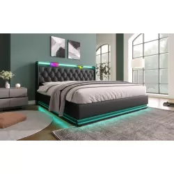 Queen size Upholstered bed, 360 surround LED function, Buttons/Apps/Remote Control, hydraulic storage bed with USB Type-C charging, Black,PU (Without mattress)