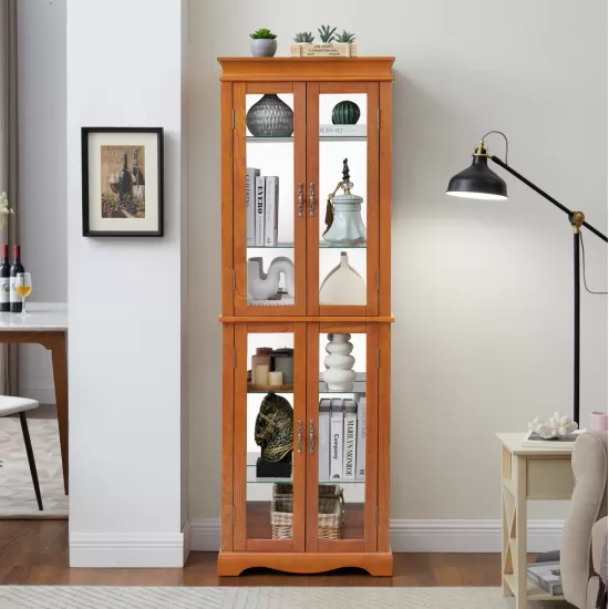 Lighted Glass Curio Display Cabinet,Display Cabinet,Glass Storage Cabinet Glass Wine cabinet Wood Frame Toy Display for Living Room, Kitchen, Pantry light bulb included OAK Lighted Glass Curio Display Cabinet,Display Cabinet,Glass Storage Cabinet Glass Wine cabinet Wood Frame Toy Display for Living Room, Kitchen, Pantry light bulb included OAK