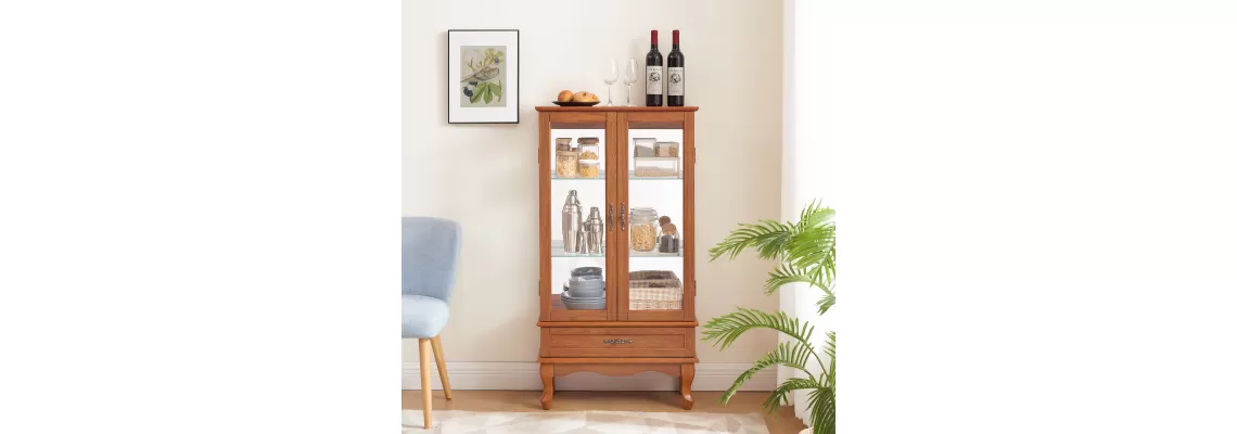The Elegant Lighted Glass Cabinet: Perfect for Wine and Curio Displays with Adjustable Shelves The Elegant Lighted Glass Cabinet: Perfect for Wine and Curio Displays with Adjustable Shelves