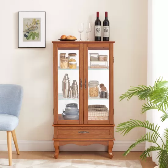 Lighted Glass Cabinet Glass Wine Cabinet Curio Display Cabinet with Adjustable Glass Shelves 2 Doors and 1 drawer Cabinet Bulb Included OAK Lighted Glass Cabinet Glass Wine Cabinet Curio Display Cabinet with Adjustable Glass Shelves 2 Doors and 1 drawer Cabinet Bulb Included OAK