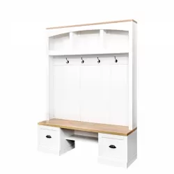 ON-TREND Farmhouse 4-in-1 Hall Tree with Wood Grain Bench and Top, Multifunctional Coat Rack with Black Hooks and Shell Handles, Mudroom Bench with Adjustable Shelves for Hallway, Living Room, White