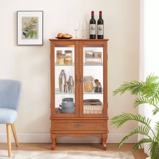 Lighted Glass Cabinet Glass Wine Cabinet Curio Display Cabinet with Adjustable Glass Shelves 2 Doors and 1 drawer Cabinet Bulb Included OAK Lighted Glass Cabinet Glass Wine Cabinet Curio Display Cabinet with Adjustable Glass Shelves 2 Doors and 1 drawer Cabinet Bulb Included OAK