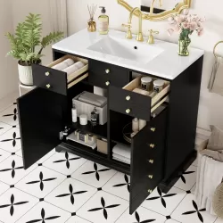 36'' Bathroom Vanity with Resin Sink Combo, Solid Wood Frame Bathroom Storage Cabinet, Freestanding Vanity Set with 2 Drawers& Soft Closing Doors, Black 36'' Bathroom Vanity with Resin Sink Combo, Solid Wood Frame Bathroom Storage Cabinet, Freestanding Vanity Set with 2 Drawers& Soft Closing Doors, Black