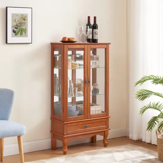 Lighted Glass Cabinet Glass Wine Cabinet Curio Display Cabinet with Adjustable Glass Shelves 2 Doors and 1 drawer Cabinet Bulb Included OAK Lighted Glass Cabinet Glass Wine Cabinet Curio Display Cabinet with Adjustable Glass Shelves 2 Doors and 1 drawer Cabinet Bulb Included OAK