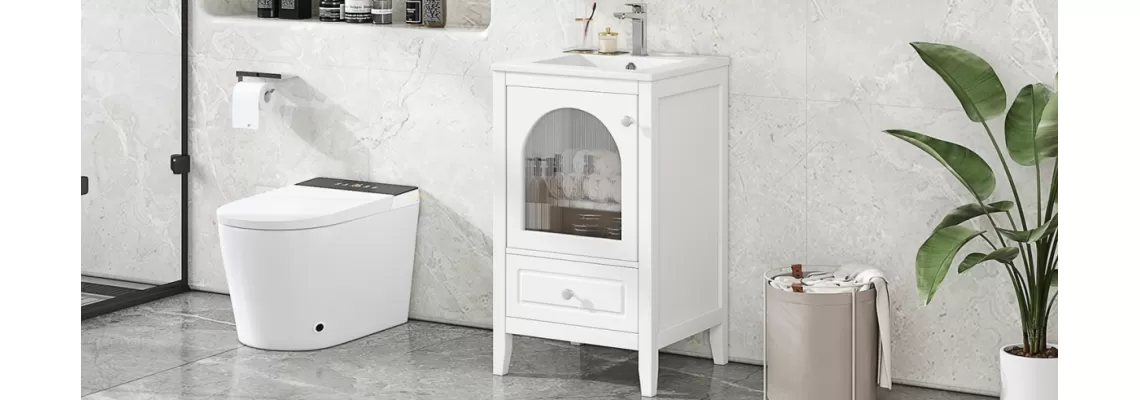 Modern 20-Inch White Bathroom Vanity with Soft-Closing Glass Door and Sink Modern 20-Inch White Bathroom Vanity with Soft-Closing Glass Door and Sink