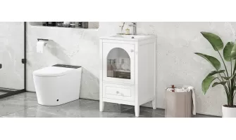 Modern 20-Inch White Bathroom Vanity with Soft-Closing Glass Door and Sink