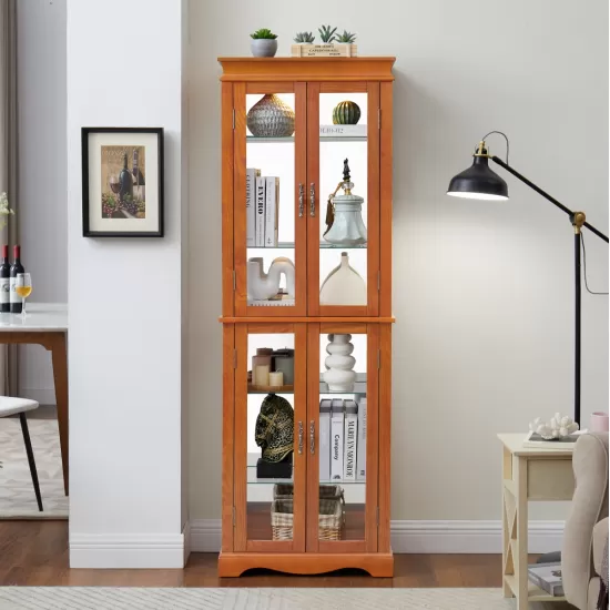 Lighted Glass Curio Display Cabinet,Display Cabinet,Glass Storage Cabinet Glass Wine cabinet Wood Frame Toy Display for Living Room, Kitchen, Pantry light bulb included OAK Lighted Glass Curio Display Cabinet,Display Cabinet,Glass Storage Cabinet Glass Wine cabinet Wood Frame Toy Display for Living Room, Kitchen, Pantry light bulb included OAK