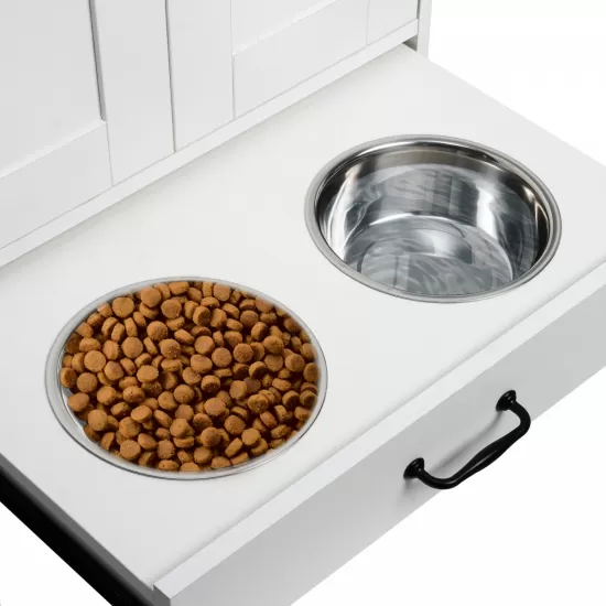 Dog Feeding Station, Dog Food Storage Cabinet with Hidden Dog Bowls, Adjustable Panel, Hooks, for Medium Sized Dogs, White Dog Feeding Station, Dog Food Storage Cabinet with Hidden Dog Bowls, Adjustable Panel, Hooks, for Medium Sized Dogs, White