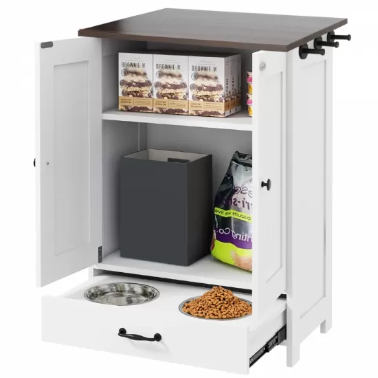 Dog Feeding Station, Dog Food Storage Cabinet with Hidden Dog Bowls, Adjustable Panel, Hooks, for Medium Sized Dogs, White Dog Feeding Station, Dog Food Storage Cabinet with Hidden Dog Bowls, Adjustable Panel, Hooks, for Medium Sized Dogs, White