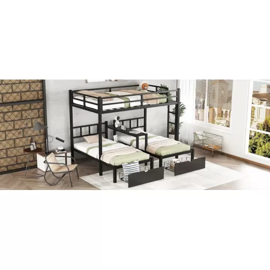 FULL XL Over Twin & Twin Triple Bunk Bed with Drawers, Multi-functional Metal Frame Bed with desks and shelves in the middle, Black FULL XL Over Twin & Twin Triple Bunk Bed with Drawers, Multi-functional Metal Frame Bed with desks and shelves in the middle, Black