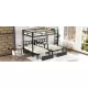 FULL XL Over Twin & Twin Triple Bunk Bed with Drawers, Multi-functional Metal Frame Bed with desks and shelves in the middle, Black FULL XL Over Twin & Twin Triple Bunk Bed with Drawers, Multi-functional Metal Frame Bed with desks and shelves in the middle, Black