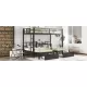 FULL XL Over Twin & Twin Triple Bunk Bed with Drawers, Multi-functional Metal Frame Bed with desks and shelves in the middle, Black FULL XL Over Twin & Twin Triple Bunk Bed with Drawers, Multi-functional Metal Frame Bed with desks and shelves in the middle, Black