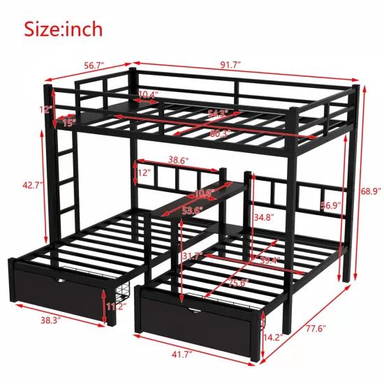 FULL XL Over Twin & Twin Triple Bunk Bed with Drawers, Multi-functional Metal Frame Bed with desks and shelves in the middle, Black FULL XL Over Twin & Twin Triple Bunk Bed with Drawers, Multi-functional Metal Frame Bed with desks and shelves in the middle, Black