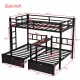 FULL XL Over Twin & Twin Triple Bunk Bed with Drawers, Multi-functional Metal Frame Bed with desks and shelves in the middle, Black FULL XL Over Twin & Twin Triple Bunk Bed with Drawers, Multi-functional Metal Frame Bed with desks and shelves in the middle, Black