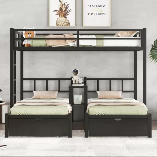 FULL XL Over Twin & Twin Triple Bunk Bed with Drawers, Multi-functional Metal Frame Bed with desks and shelves in the middle, Black FULL XL Over Twin & Twin Triple Bunk Bed with Drawers, Multi-functional Metal Frame Bed with desks and shelves in the middle, Black