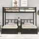FULL XL Over Twin & Twin Triple Bunk Bed with Drawers, Multi-functional Metal Frame Bed with desks and shelves in the middle, Black FULL XL Over Twin & Twin Triple Bunk Bed with Drawers, Multi-functional Metal Frame Bed with desks and shelves in the middle, Black
