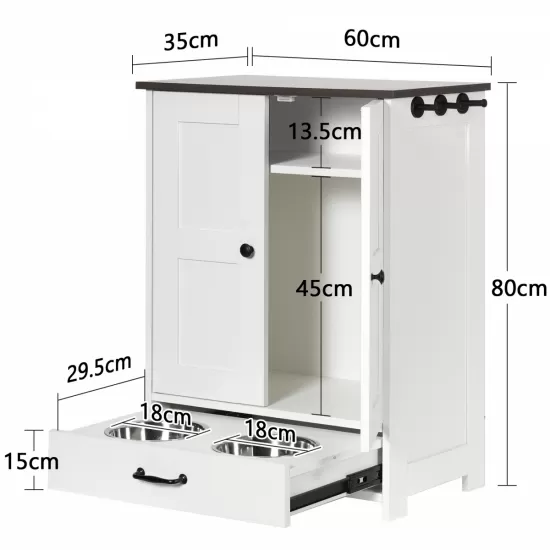 Dog Feeding Station, Dog Food Storage Cabinet with Hidden Dog Bowls, Adjustable Panel, Hooks, for Medium Sized Dogs, White Dog Feeding Station, Dog Food Storage Cabinet with Hidden Dog Bowls, Adjustable Panel, Hooks, for Medium Sized Dogs, White