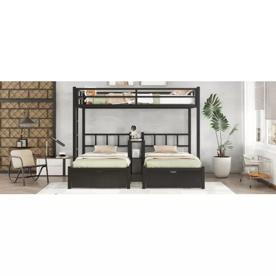FULL XL Over Twin & Twin Triple Bunk Bed with Drawers, Multi-functional Metal Frame Bed with desks and shelves in the middle, Black FULL XL Over Twin & Twin Triple Bunk Bed with Drawers, Multi-functional Metal Frame Bed with desks and shelves in the middle, Black