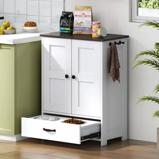 Dog Feeding Station, Dog Food Storage Cabinet with Hidden Dog Bowls, Adjustable Panel, Hooks, for Medium Sized Dogs, White Dog Feeding Station, Dog Food Storage Cabinet with Hidden Dog Bowls, Adjustable Panel, Hooks, for Medium Sized Dogs, White