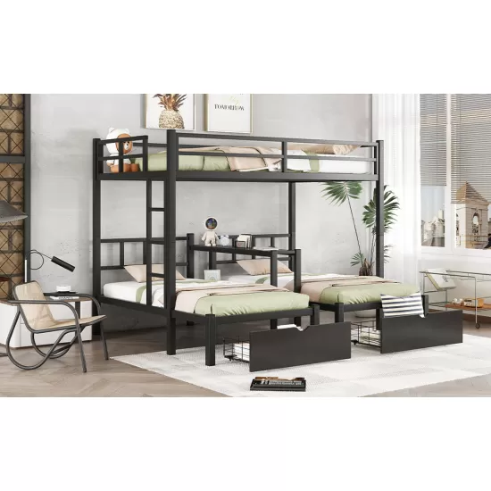 FULL XL Over Twin & Twin Triple Bunk Bed with Drawers, Multi-functional Metal Frame Bed with desks and shelves in the middle, Black FULL XL Over Twin & Twin Triple Bunk Bed with Drawers, Multi-functional Metal Frame Bed with desks and shelves in the middle, Black
