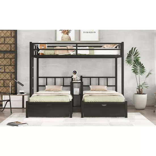 FULL XL Over Twin & Twin Triple Bunk Bed with Drawers, Multi-functional Metal Frame Bed with desks and shelves in the middle, Black FULL XL Over Twin & Twin Triple Bunk Bed with Drawers, Multi-functional Metal Frame Bed with desks and shelves in the middle, Black