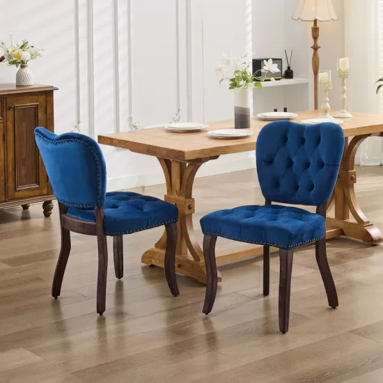 French Vintage Tufted Upholstered Fabric Dining Chair,Set of 2,Blue,SW1869BL French Vintage Tufted Upholstered Fabric Dining Chair,Set of 2,Blue,SW1869BL
