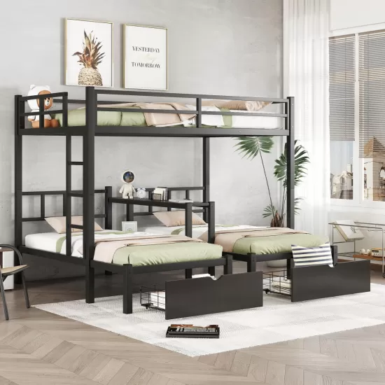 FULL XL Over Twin & Twin Triple Bunk Bed with Drawers, Multi-functional Metal Frame Bed with desks and shelves in the middle, Black FULL XL Over Twin & Twin Triple Bunk Bed with Drawers, Multi-functional Metal Frame Bed with desks and shelves in the middle, Black