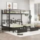 FULL XL Over Twin & Twin Triple Bunk Bed with Drawers, Multi-functional Metal Frame Bed with desks and shelves in the middle, Black FULL XL Over Twin & Twin Triple Bunk Bed with Drawers, Multi-functional Metal Frame Bed with desks and shelves in the middle, Black