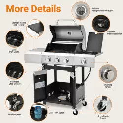 Propane Grill 3 Burner Barbecue Grill Stainless Steel Gas Grill with Side Burner and Cover for Outdoor BBQ, Camping Propane Grill 3 Burner Barbecue Grill Stainless Steel Gas Grill with Side Burner and Cover for Outdoor BBQ, Camping