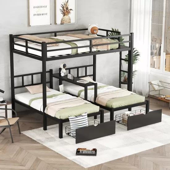 FULL XL Over Twin & Twin Triple Bunk Bed with Drawers, Multi-functional Metal Frame Bed with desks and shelves in the middle, Black FULL XL Over Twin & Twin Triple Bunk Bed with Drawers, Multi-functional Metal Frame Bed with desks and shelves in the middle, Black