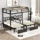 FULL XL Over Twin & Twin Triple Bunk Bed with Drawers, Multi-functional Metal Frame Bed with desks and shelves in the middle, Black FULL XL Over Twin & Twin Triple Bunk Bed with Drawers, Multi-functional Metal Frame Bed with desks and shelves in the middle, Black