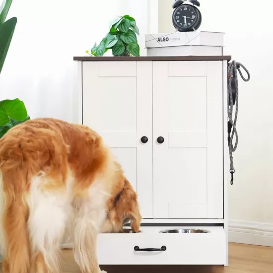 Dog Feeding Station, Dog Food Storage Cabinet with Hidden Dog Bowls, Adjustable Panel, Hooks, for Medium Sized Dogs, White Dog Feeding Station, Dog Food Storage Cabinet with Hidden Dog Bowls, Adjustable Panel, Hooks, for Medium Sized Dogs, White